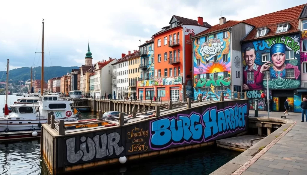 Generate an image of Mural Harbor in Linz, showcasing vibrant street art and murals along the waterfront.
