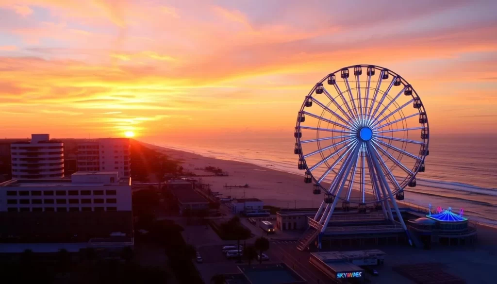 Generate an image of Myrtle Beach's Grand Strand with the SkyWheel in the background.