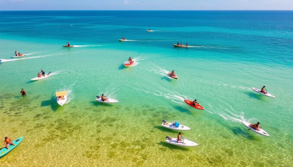 Generate an image of Nagoa Beach with clear waters and water sports activities