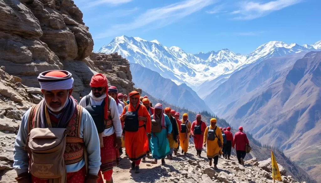 Generate an image of Nanda Devi Raj Jat Yatra pilgrims walking through the Himalayas
