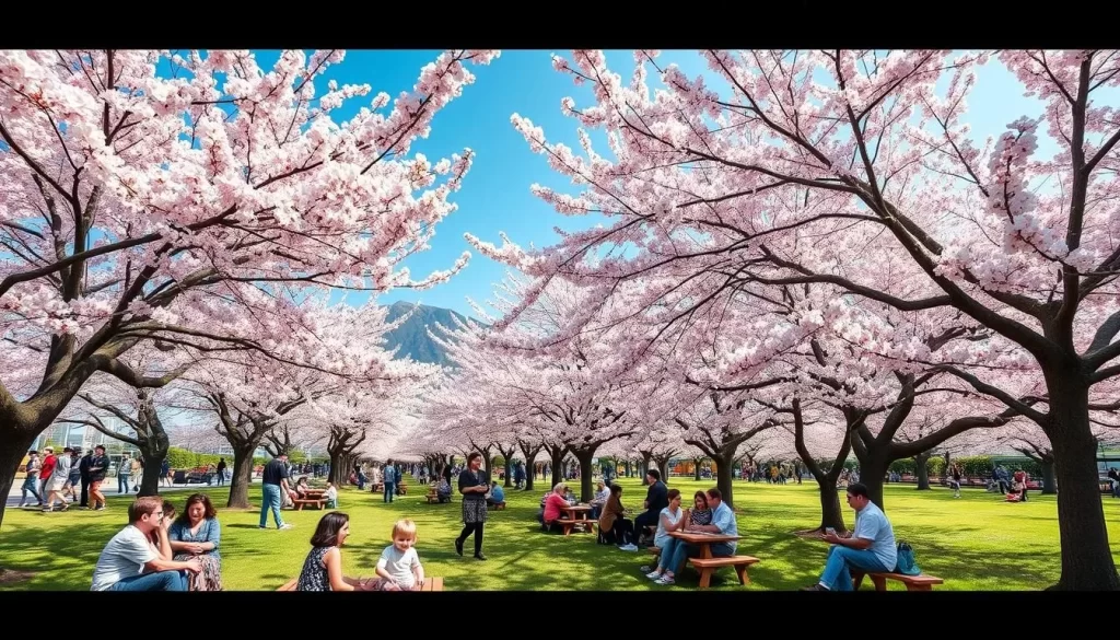 Generate an image of Nantou County's Cherry Blossom Festival with blooming cherry trees and families having picnics.