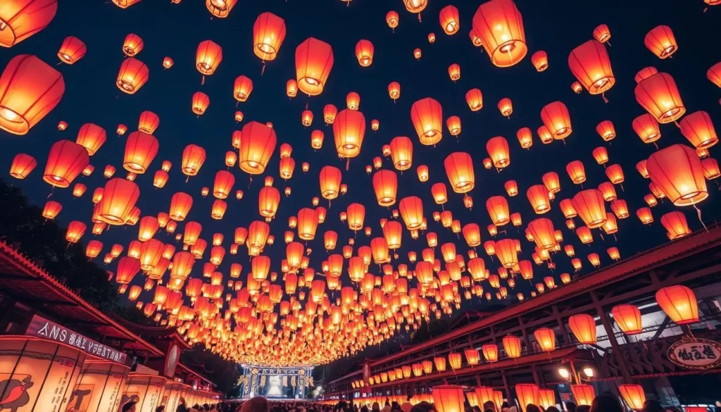 Generate an image of Nantou's Lantern Festival at night with numerous lanterns lighting up the sky.