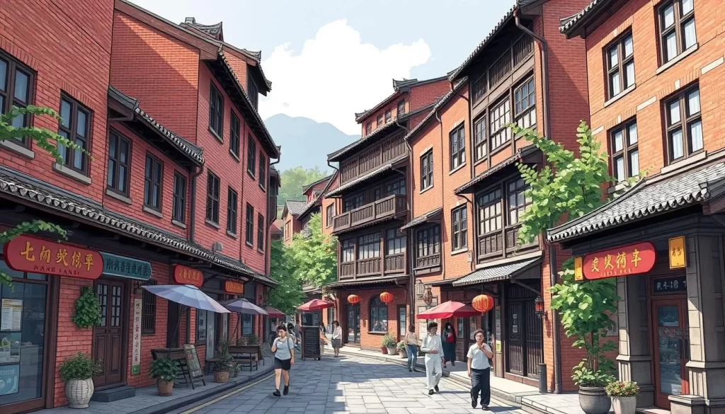 Generate an image of Nanzhuang Old Street with its red-brick buildings and traditional wooden architecture.
