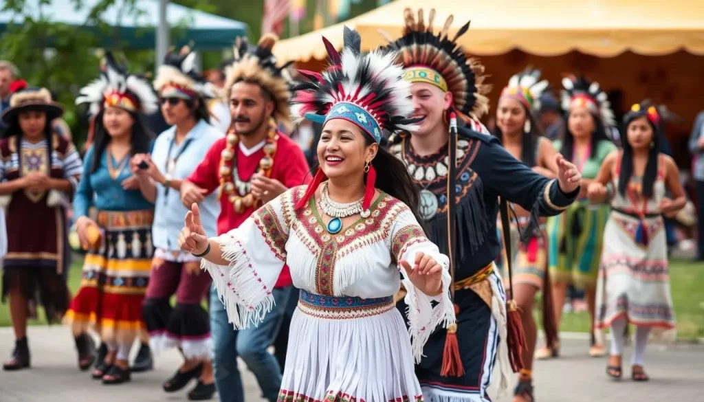 Generate an image of Native American Recognition Days with people participating in traditional dances.