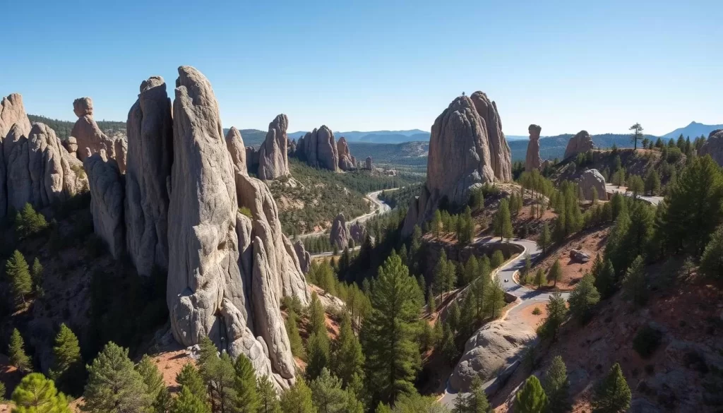 Generate an image of Needles Highway, capturing its unique granite formations and the scenic drive through pine forests.