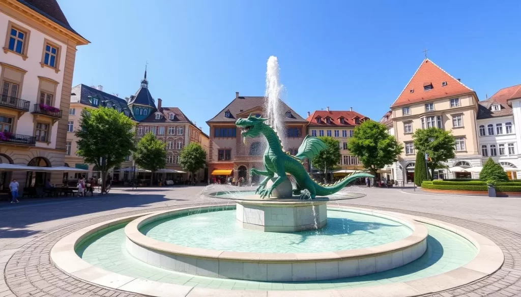 Generate an image of Neuer Platz with the Dragon Fountain in Klagenfurt, Austria