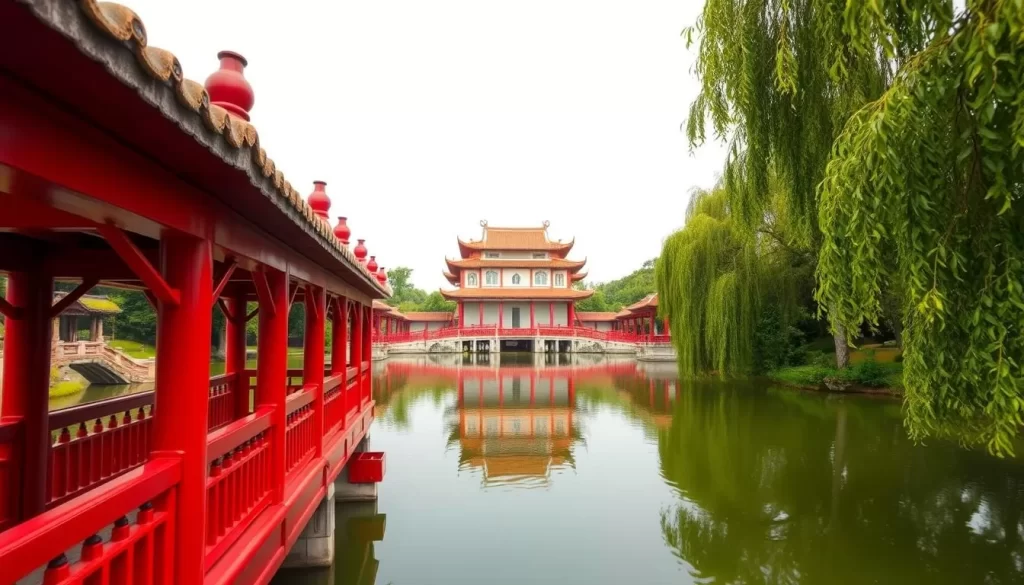 Generate an image of Ngoc Son Temple and the red bridge