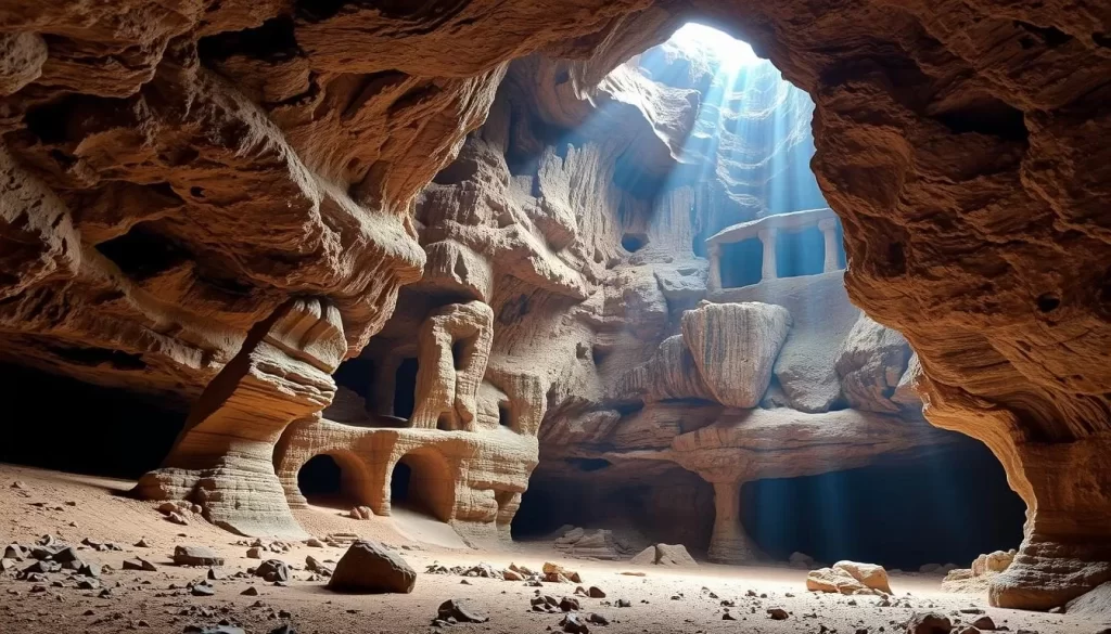 Generate an image of Nimara Cave with ancient rock formations and a serene atmosphere.