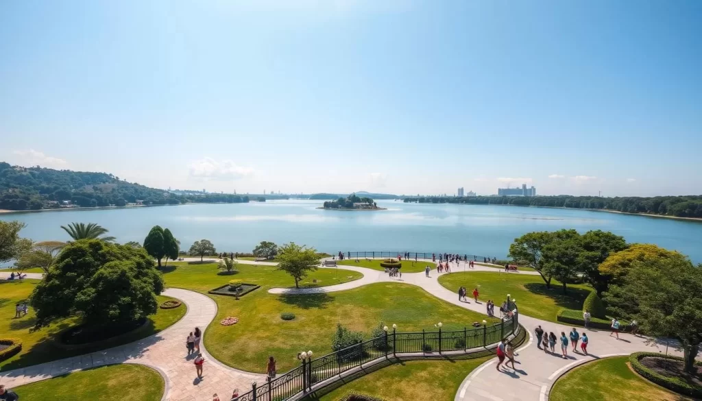 Generate an image of Nong Prajak Park, highlighting its expansive lake, walking paths, and vibrant atmosphere.
