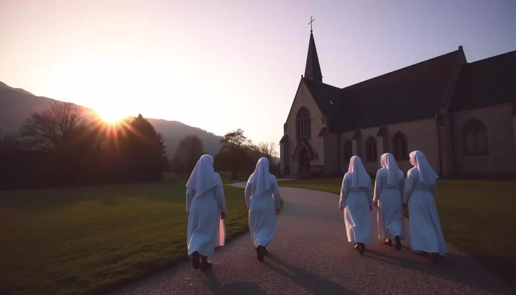Generate an image of Nonnberg Abbey at dawn with nuns walking towards the church
