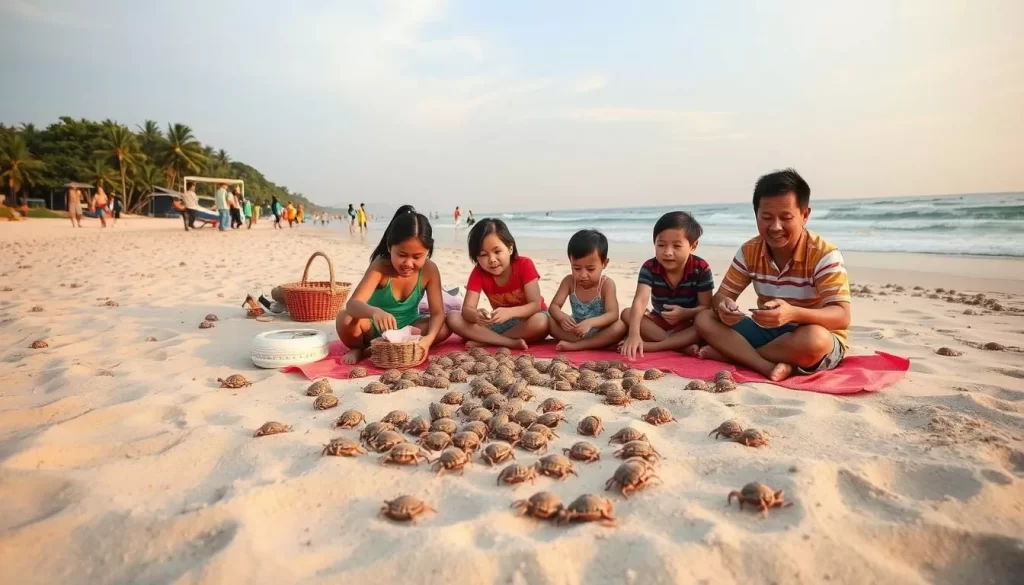 Generate an image of Nopparat Thara Beach with local families enjoying picnics and playing with hermit crabs.