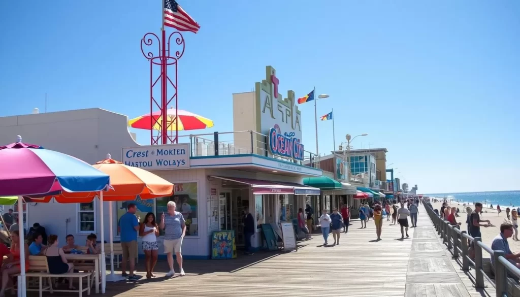 Generate an image of Ocean City's boardwalk during a sunny summer day.
