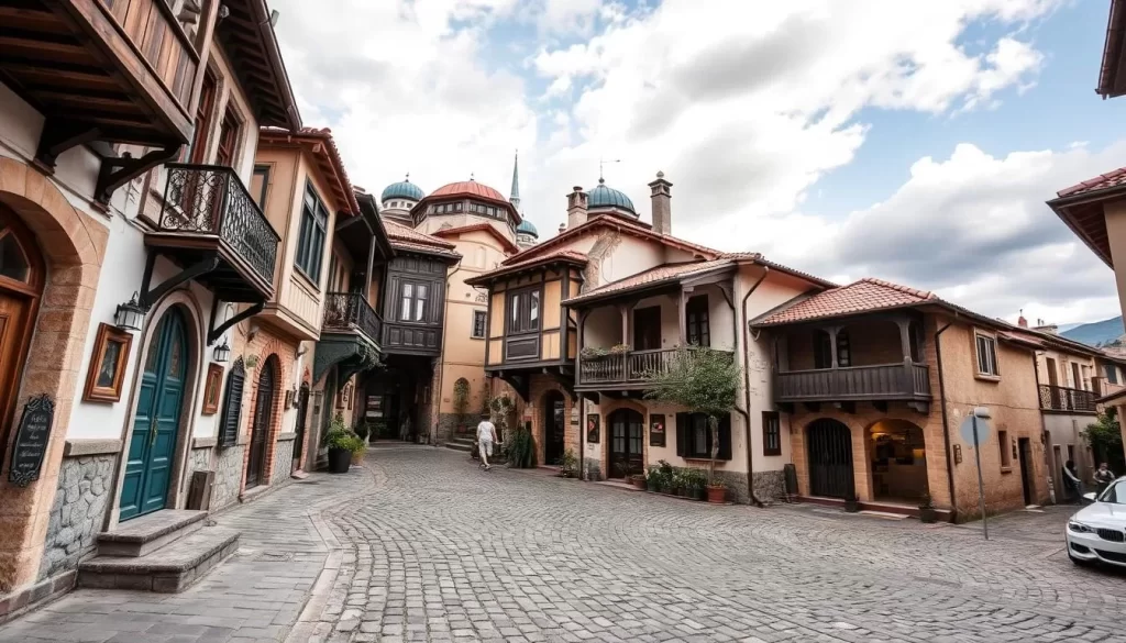 Generate an image of Odunpazarı historic district in Eskisehir, showcasing its cobblestone streets and Ottoman-era houses.