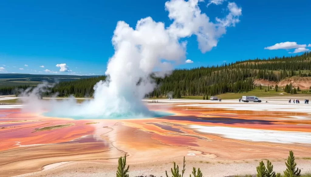 Generate an image of Old Faithful erupting in Yellowstone National Park.