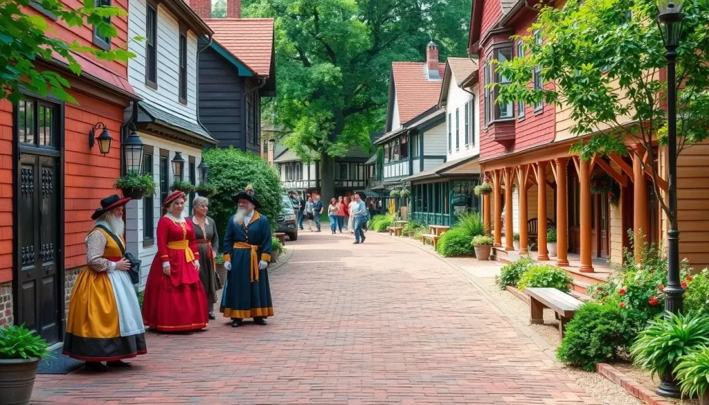 Generate an image of Old Salem Museum & Gardens' historic streets with costumed interpreters and traditional Moravian architecture.