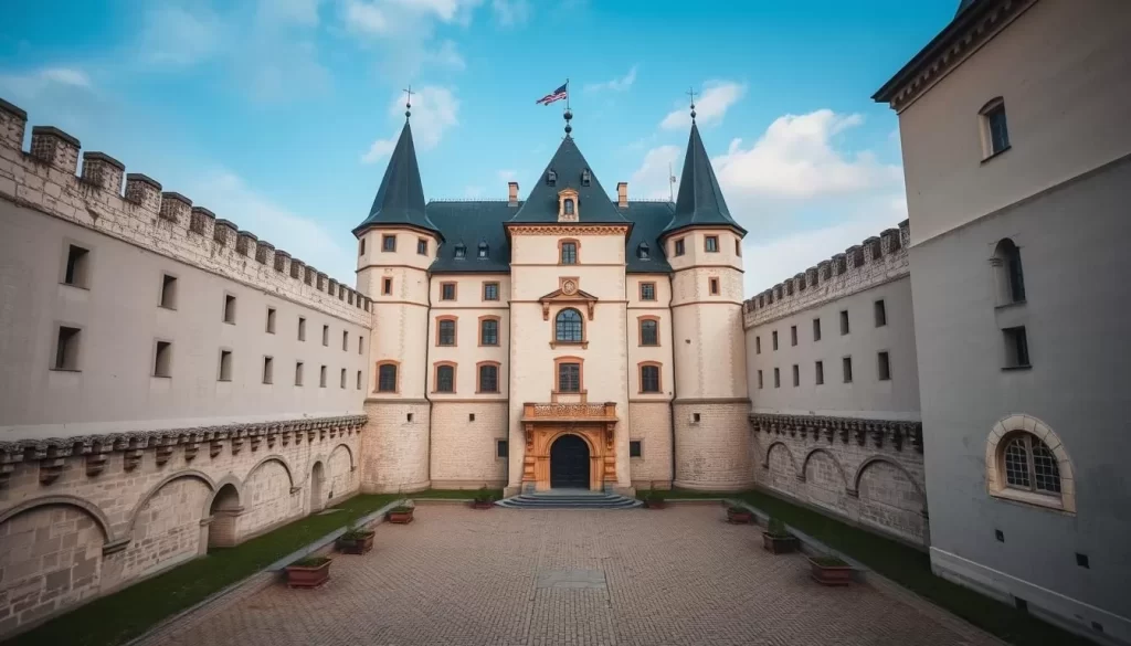 Generate an image of Olsztyn Castle's imposing medieval walls and splendid enclosed courtyard.