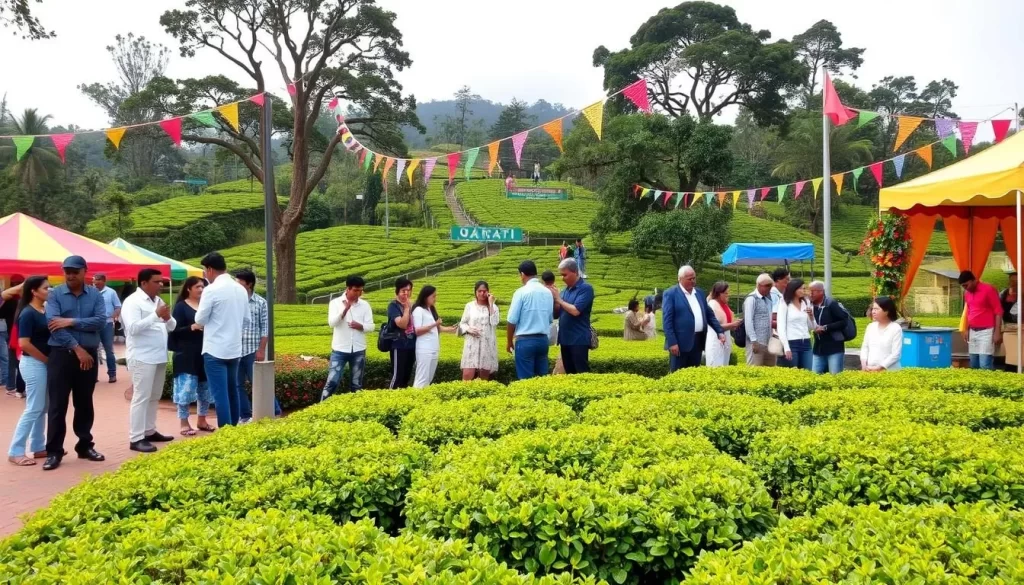 Generate an image of Ooty's Tea and Tourism Festival with tea tasting and factory tours.