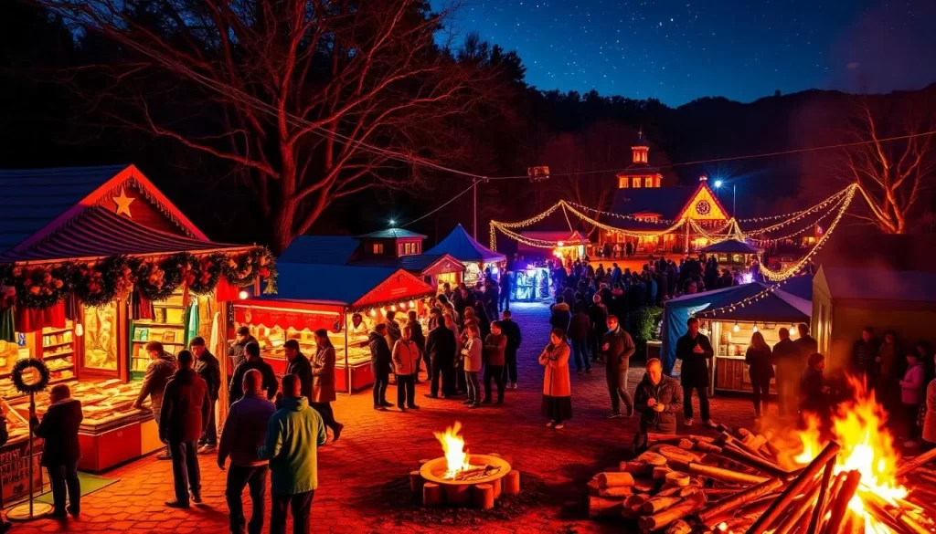Generate an image of Ooty's Winter Festival with night bazaars and bonfire gatherings.