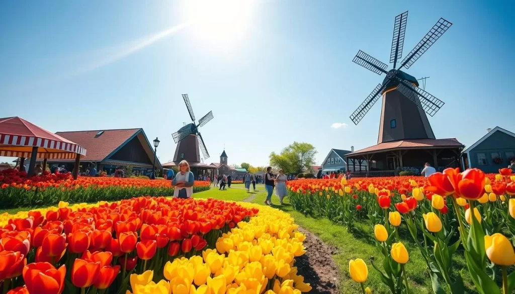 Generate an image of Orange City Tulip Festival in Iowa, showcasing tulip displays and Dutch heritage.