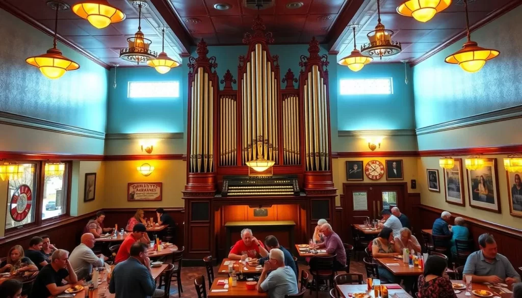 Generate an image of Organ Stop Pizza's interior, showcasing the massive Wurlitzer organ and the dining area.