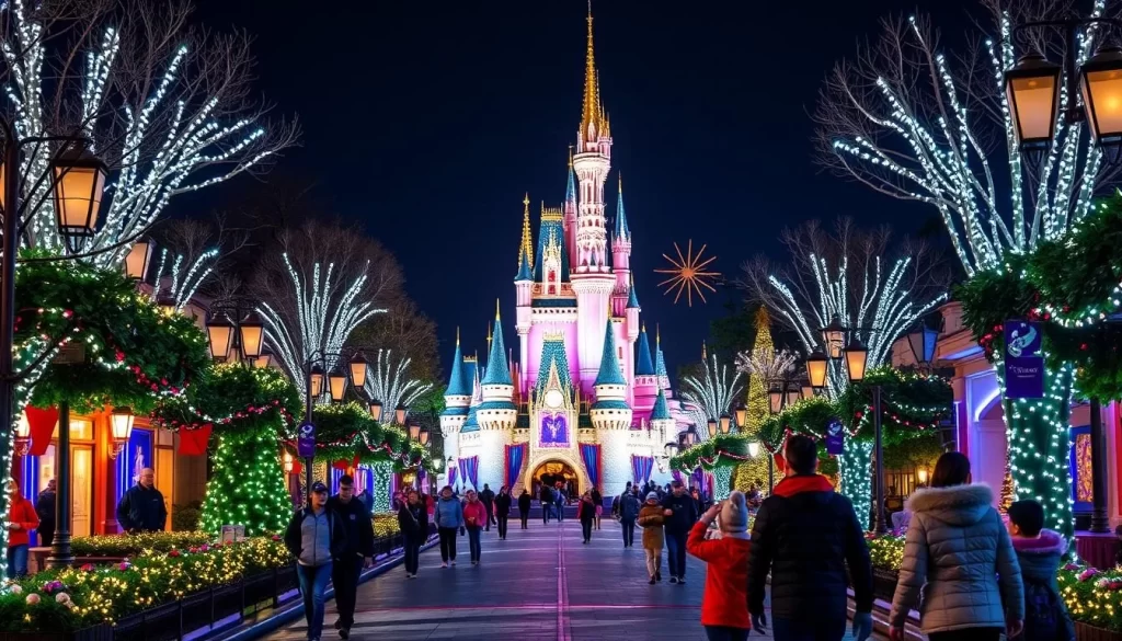 Generate an image of Orlando's theme parks during the winter season.