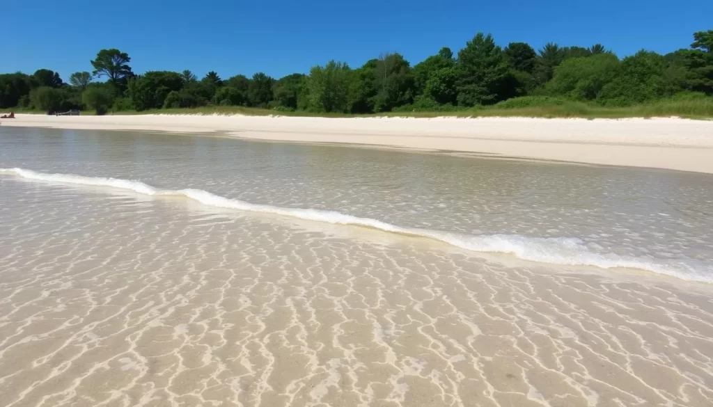 Generate an image of Oscoda Beach Park's serene sandy shoreline with clear water and a picturesque backdrop.