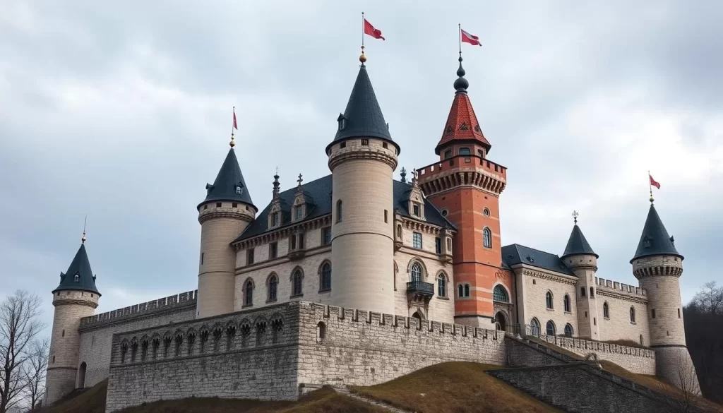 Generate an image of Oświęcim Castle, a 12th-century castle in Poland, with a mix of medieval and modern architectural elements.