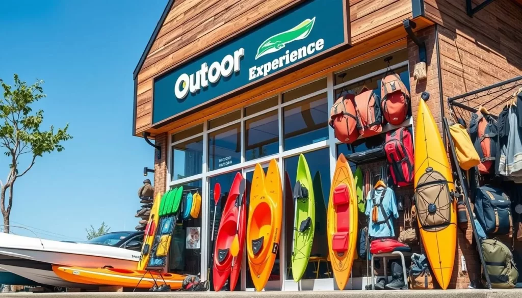 Generate an image of Outdoor Experience's storefront with kayaks and hiking gear on display.