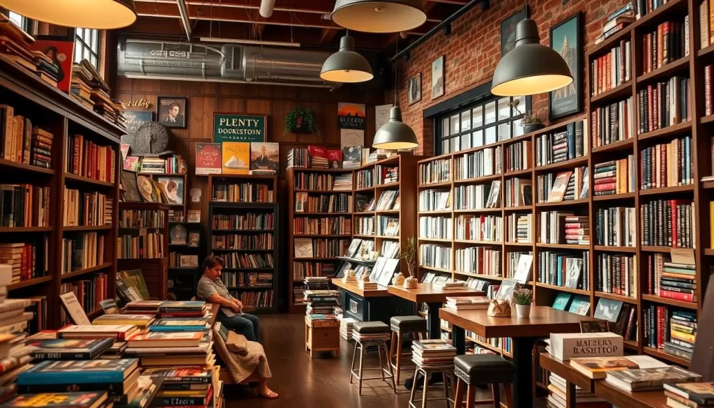 Generate an image of PLENTY Downtown Bookshop, highlighting its cozy ambiance and extensive book collection.