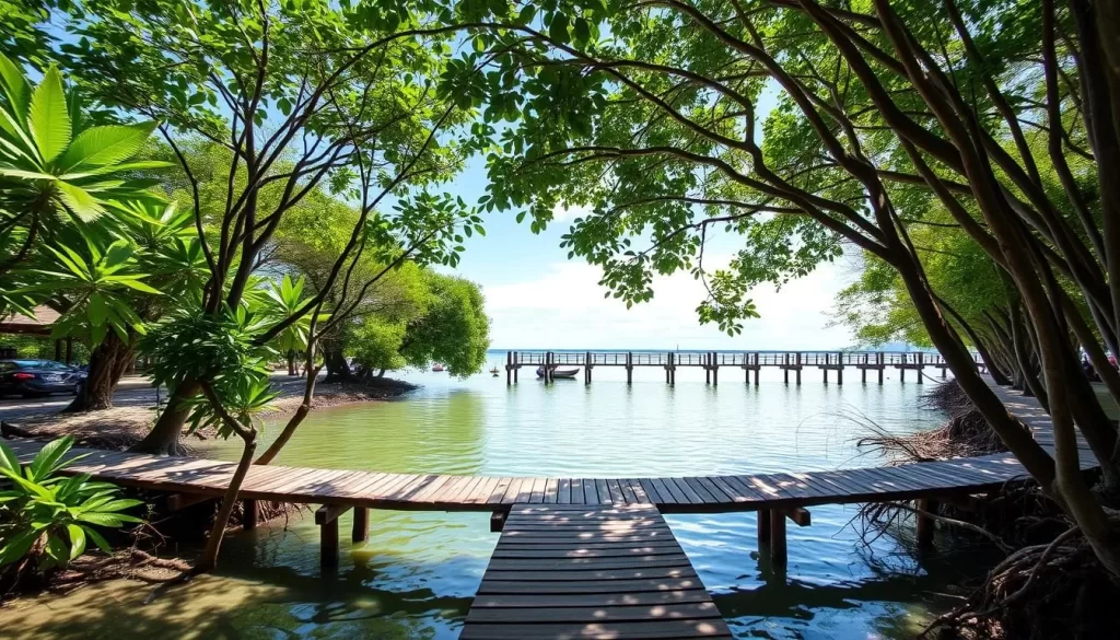 Generate an image of Pantai Cahaya Negeri with the Lovers Bridge and mangrove walk.