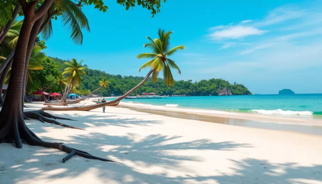 Generate an image of Pantai Redang Beach with a serene atmosphere, soft sand, and a clear view of the Straits of Malacca.