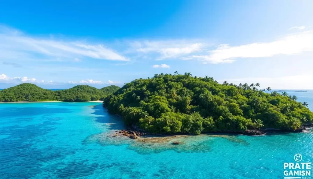 Generate an image of Paradise Island with clear turquoise waters and lush greenery.