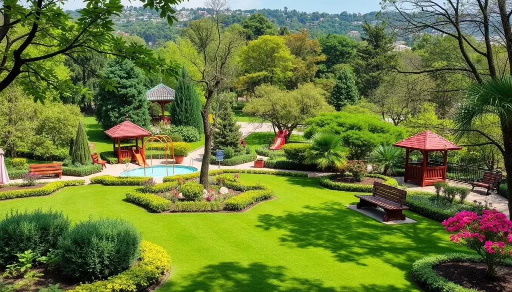 Generate an image of Parc Le'h, showcasing its lush greenery and recreational facilities.