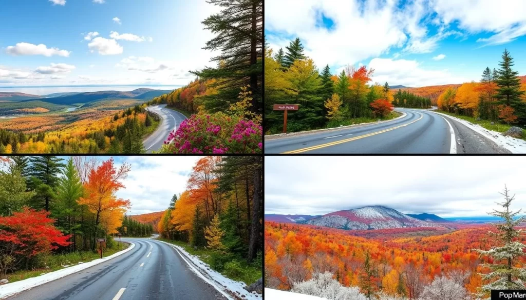 Generate an image of Park Loop Road in Acadia National Park during different seasons.
