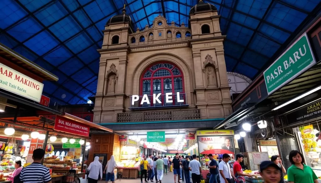 Generate an image of Pasar Baru Jakarta, showcasing its historic facade and bustling interior.