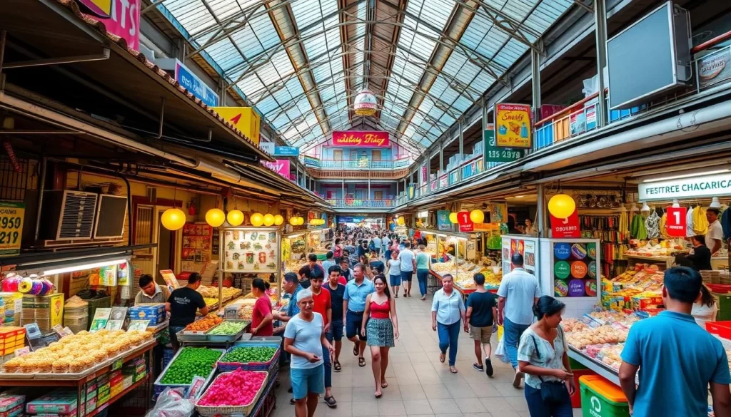 Generate an image of Pasar Tanjung Tawau, a bustling three-story indoor market in Tawau, Malaysia.