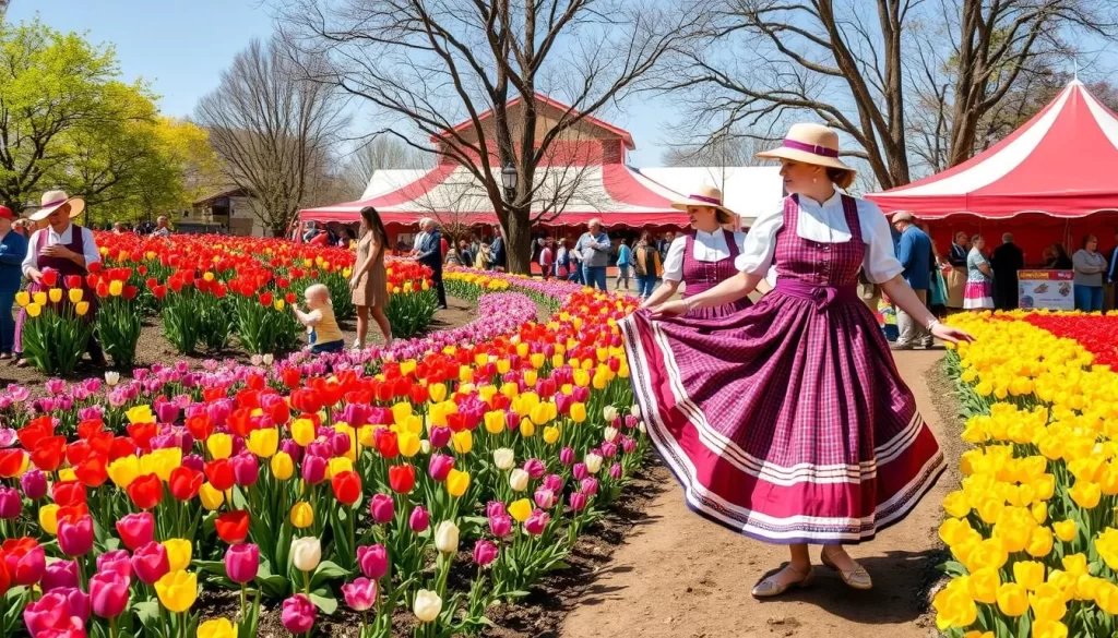 Generate an image of Pella Tulip Time Festival in Iowa, featuring tulip gardens and Dutch dancers.