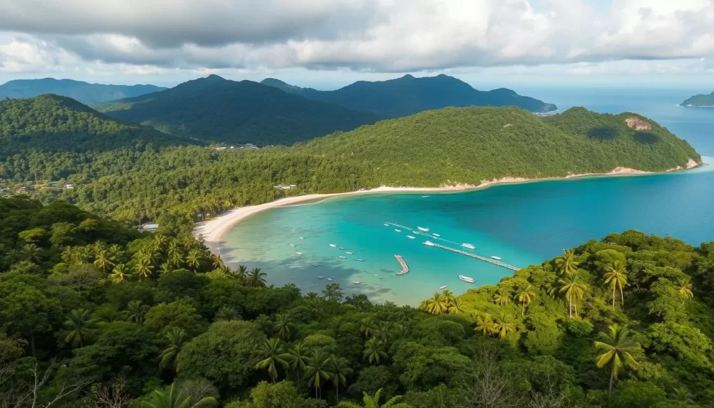 Generate an image of Penang National Park's lush rainforest and beautiful beaches.