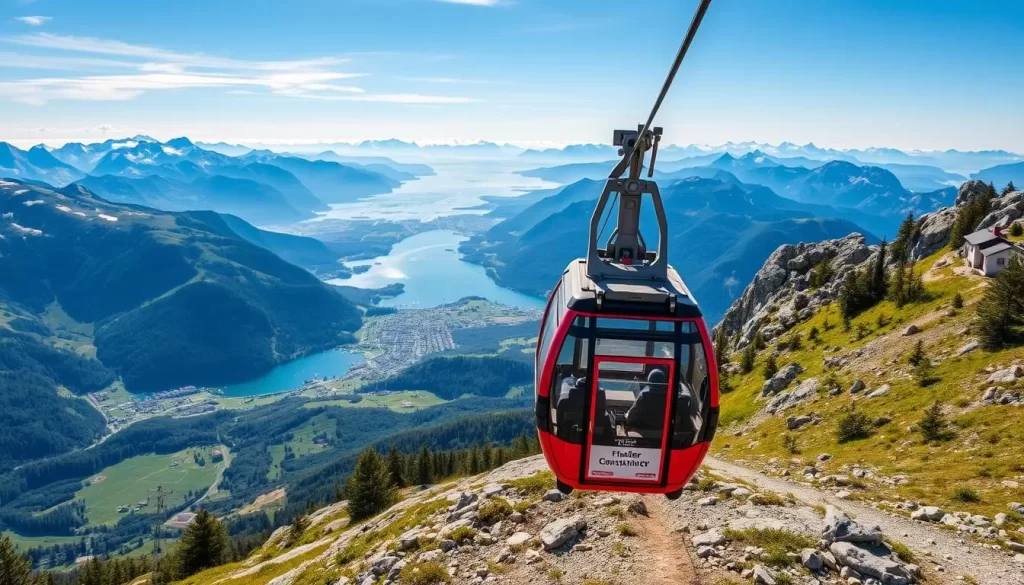 Generate an image of Pfänder Mountain with a cable car ascending to the summit, overlooking Lake Constance and the surrounding mountains.