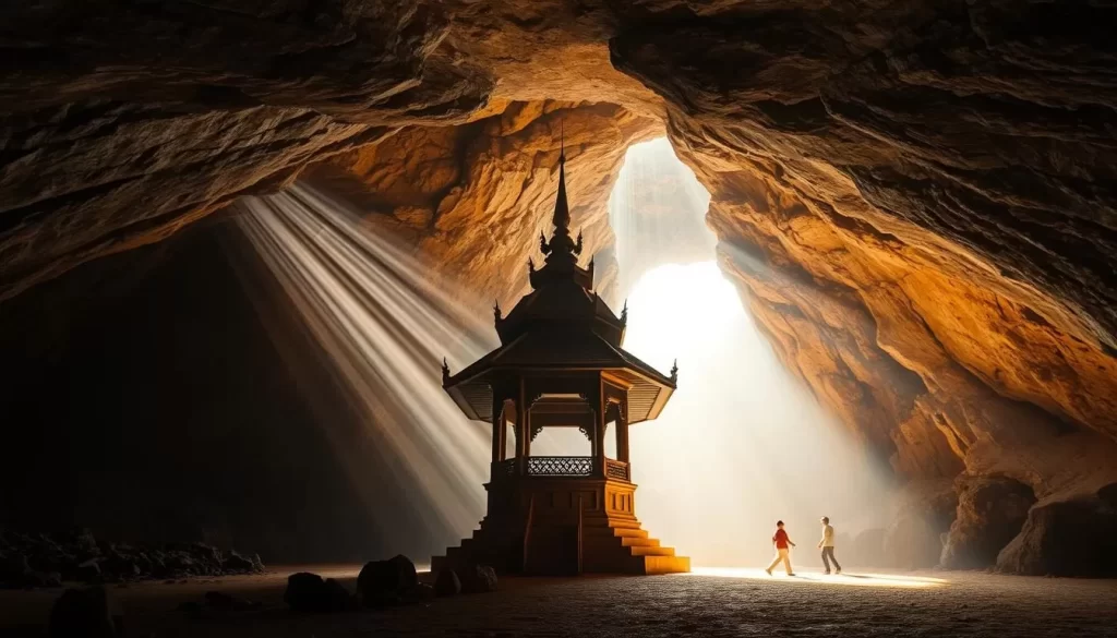 Generate an image of Phraya Nakhon Cave with the iconic Kuha Karuhas pavilion illuminated by sunlight beams.