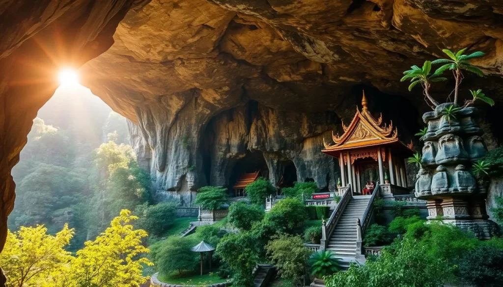 Generate an image of Phraya Nakhon Cave with the royal pavilion illuminated by sunlight