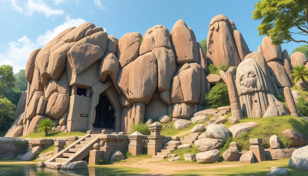 Generate an image of Phu Phra Bat Historical Park's unique rock formations and ancient artifacts.