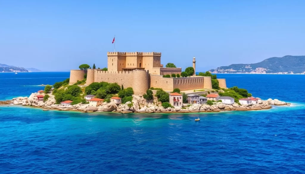 Generate an image of Pigeon Island in Kusadasi, Turkey, showcasing its castle and scenic views.