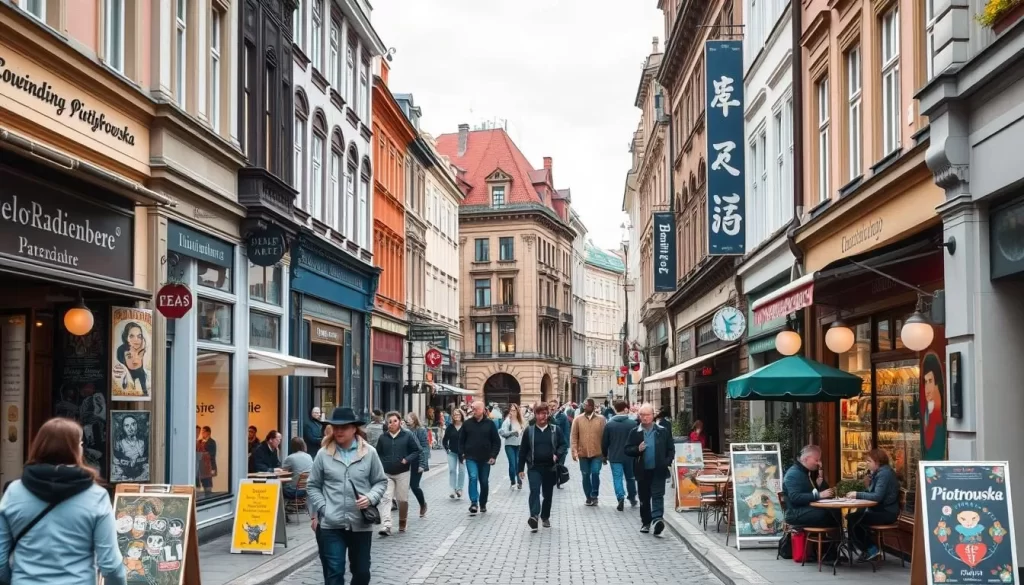 Generate an image of Piotrkowska Street in Łódź, showcasing its vibrant atmosphere and eclectic mix of shops, cafes, and street art.