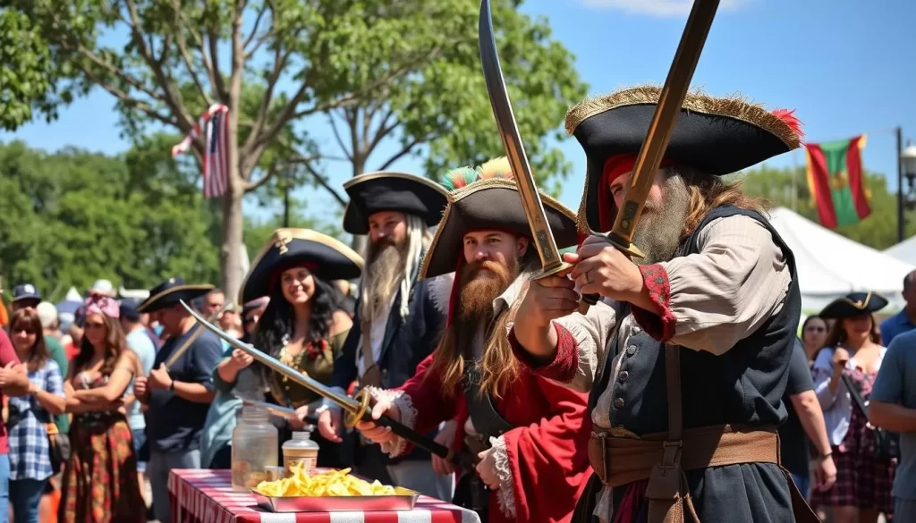 Generate an image of PirateFest in Greenville, NC, with people dressed as pirates, enjoying food, and watching sword fighting demonstrations.