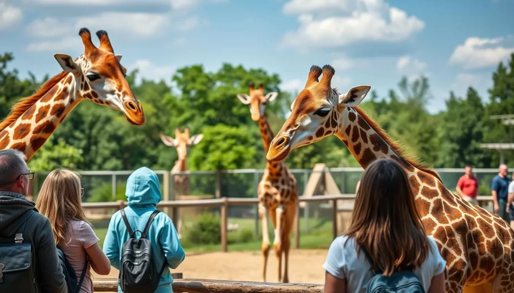 Generate an image of Planckendael Zoo's giraffe enclosure with visitors observing the animals.