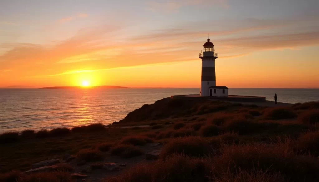 Generate an image of Polente Lighthouse on Bozcaada Island during sunset.