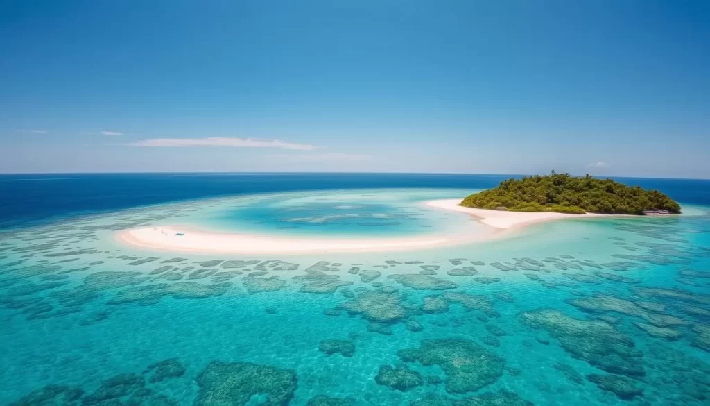 Generate an image of Pom Pom Island with crystal-clear waters and a white sandy beach.