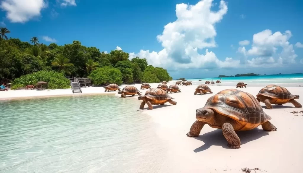 Generate an image of Prison Island with giant Aldabra tortoises roaming freely on its sandy beaches.