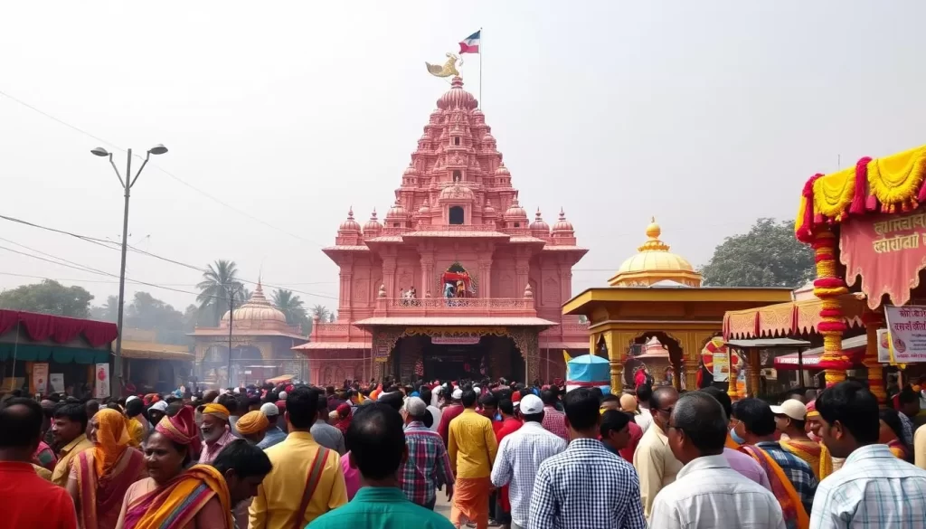 Generate an image of Purnagiri Mela, showcasing the vibrant festivities and the Purnagiri Temple in the background.